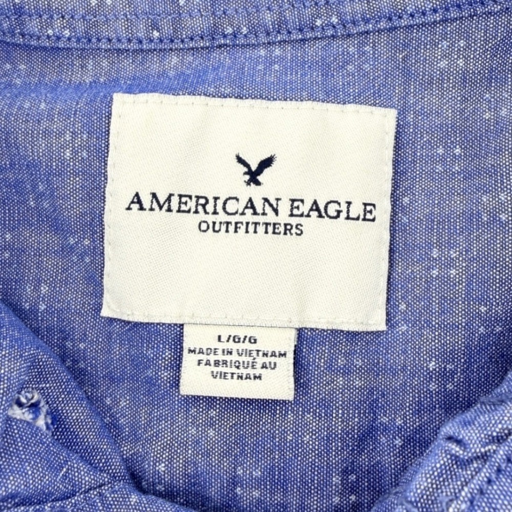 American Eagle Shirt Mens L Blue Geometric Slim Cotton Chambray Short Sleeve - Picture 2 of 12